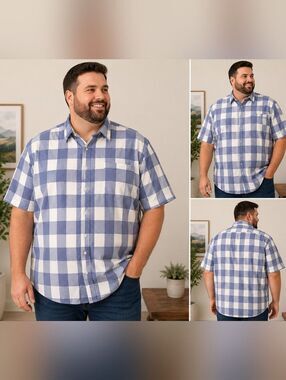 KingSize 2XL Big TallBlue White Plaid Button Up Shirt Cotton Casual Short Sleeve